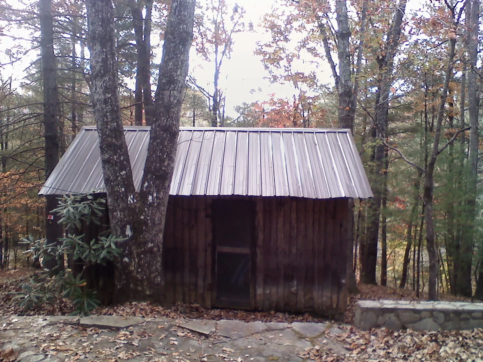 New metal gable roof on a small log shed among the trees in Huntsburg