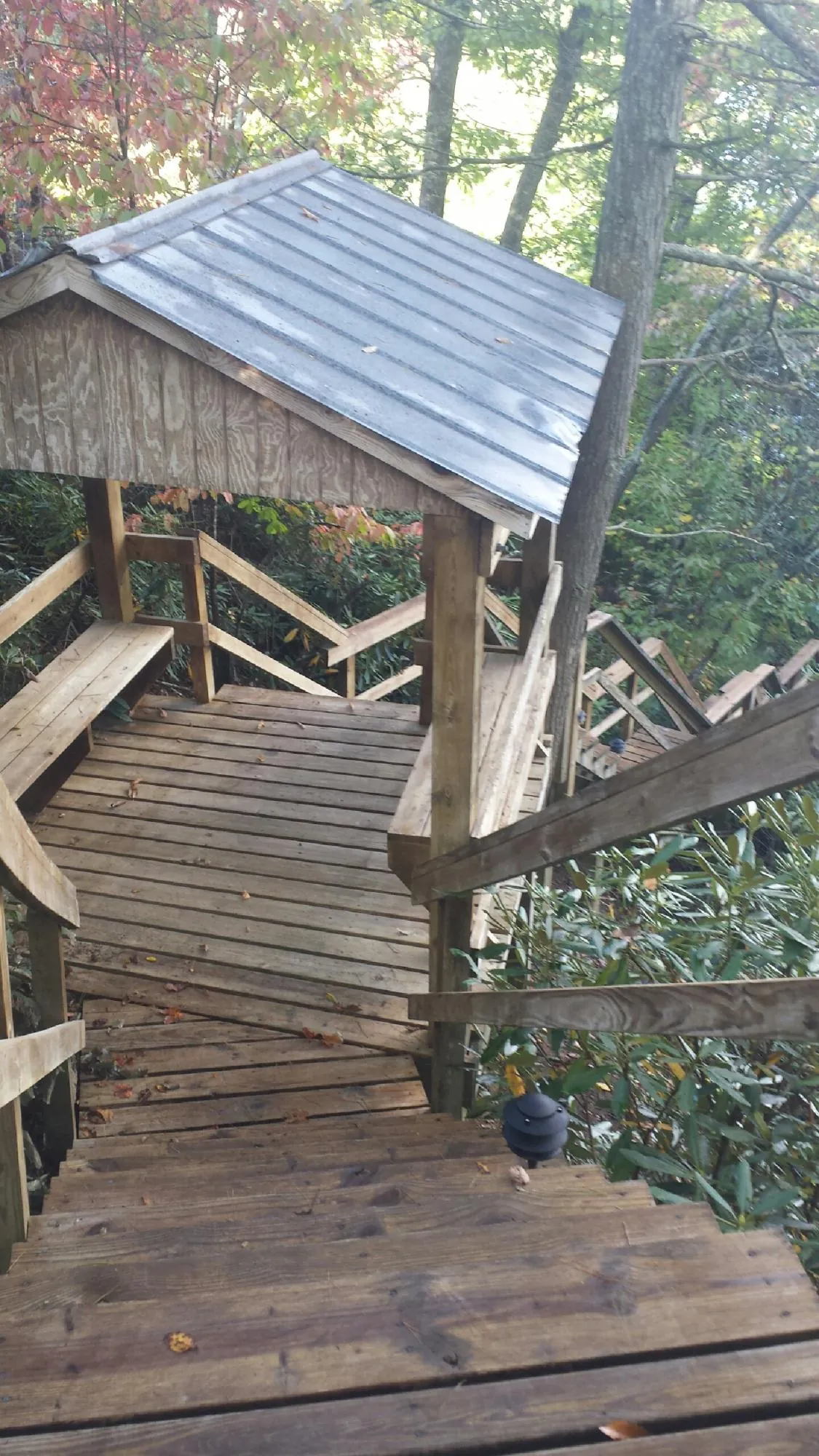 Metal roofed shelter over wooden steps on a wooded walkway — Skylight Repair & Installation work by our crew in Huntsburg